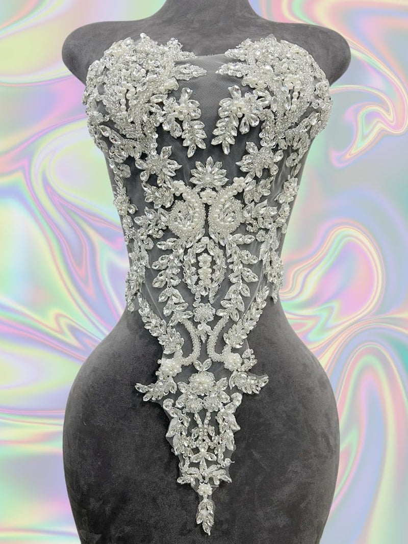 ArtistryXB Handmade Rhinestones Lace Bodice Applique Sew on Beads Sequins Trimming Patches for Dress Clothing Accessories 1Pcs/Bag (Silver) - Image 2